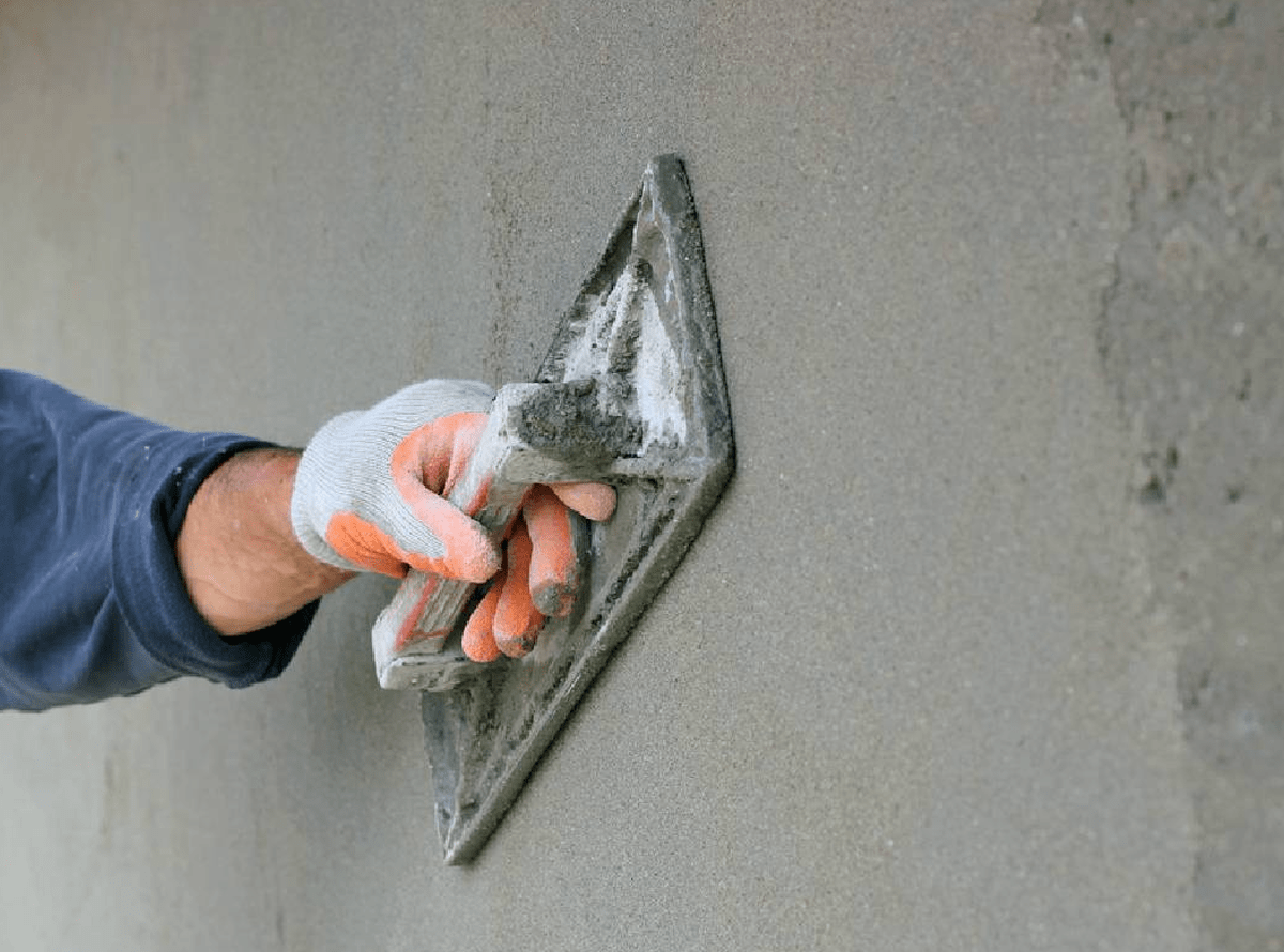 Plasterer smoothing exterior rendering with a float